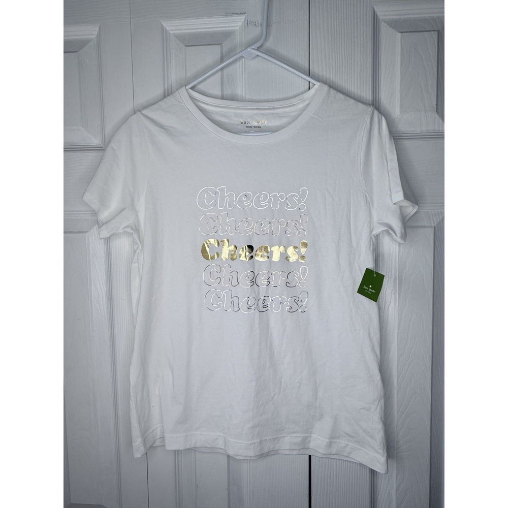 NWT Kate Spade New York Cheers! Graphic T-Shirt White Gold Metallic Women's S